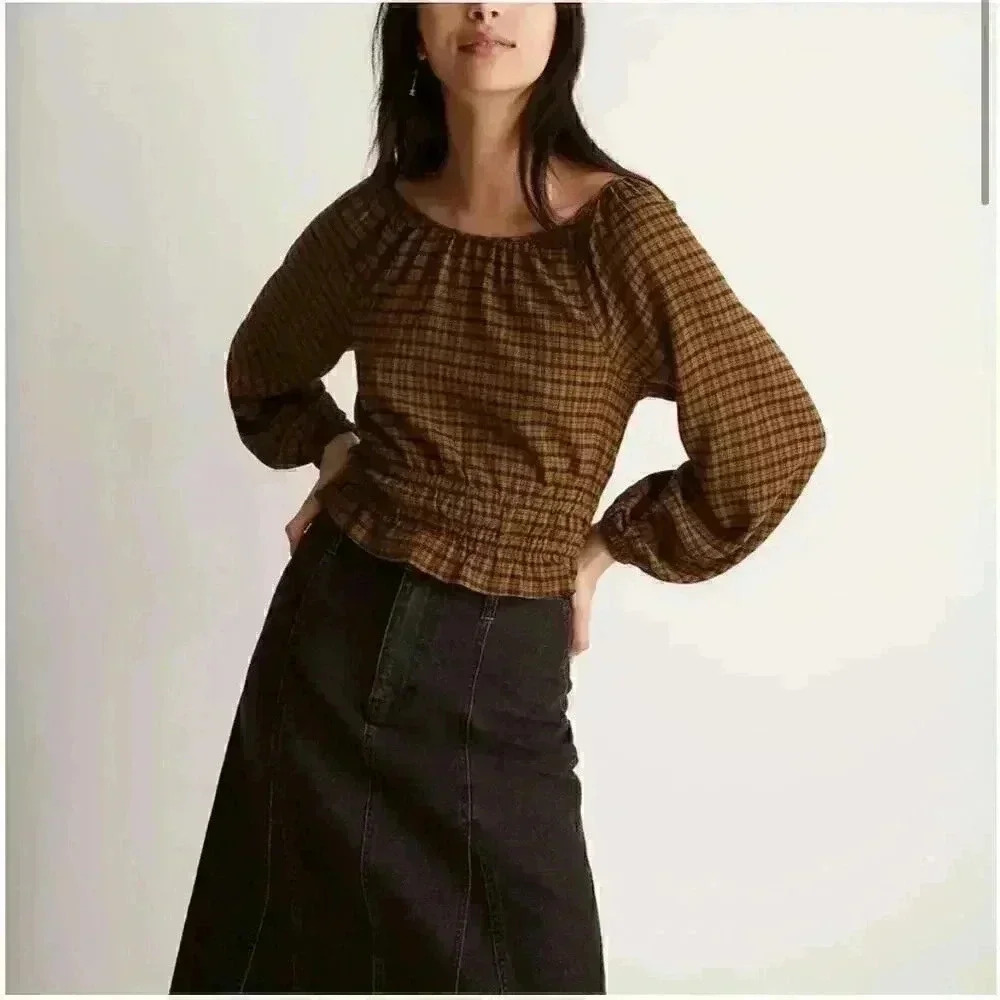 Madewell Tie Back Cutout Top Plaid Olive Green Size XS Long Sleeve